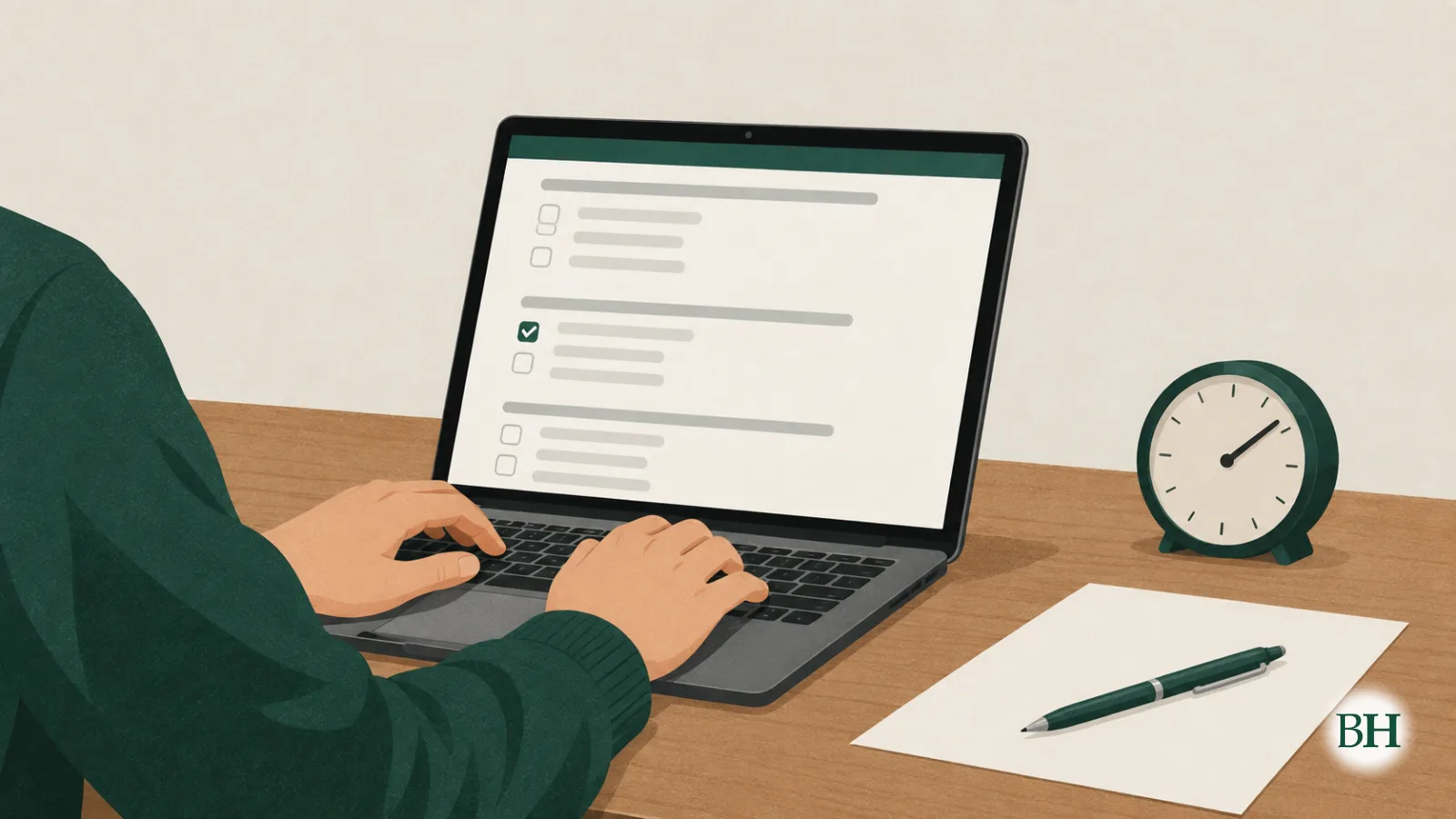 Ilustración generada con inteligencia artificial. Manos de una persona adulta sobre el teclado de un portátil respondiendo un examen en línea, con un reloj de mesa, un bolígrafo y una hoja en blanco.