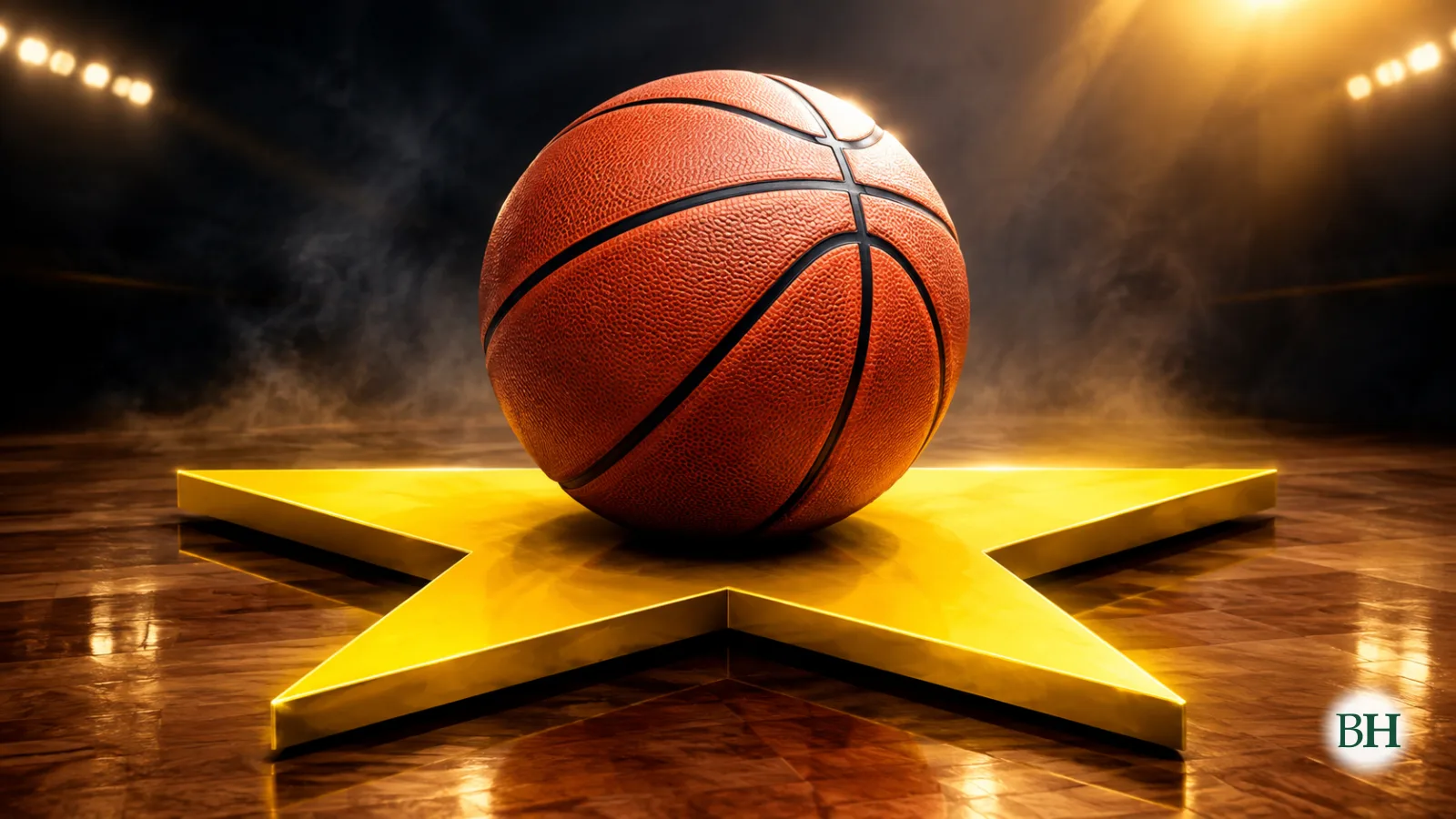 Ilustración xerada con intelixencia artificial. Un balón de baloncesto sobre unha estrela amarela que lle dá énfase ao balón. É para destacar un campionato de baloncesto. Sen texto