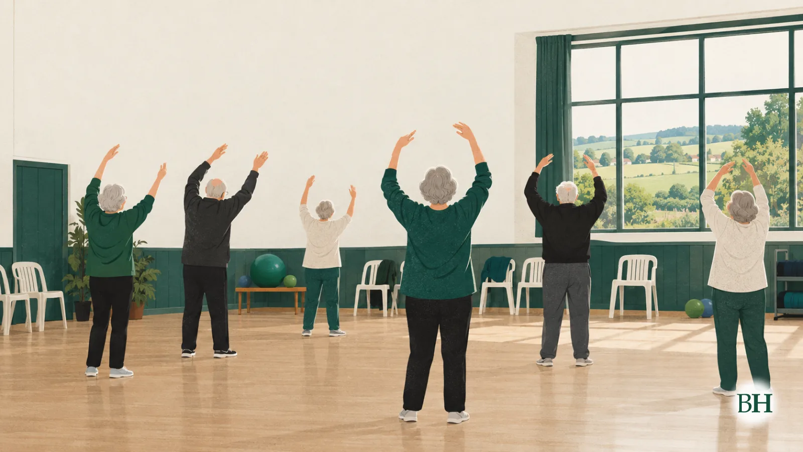 Ilustración generada con inteligencia artificial. Un grupo de personas mayores, de espaldas, levanta los brazos en una sesión de gimnasia en un local amplio con sillas blancas, pelotas y una ventana con prados al fondo.