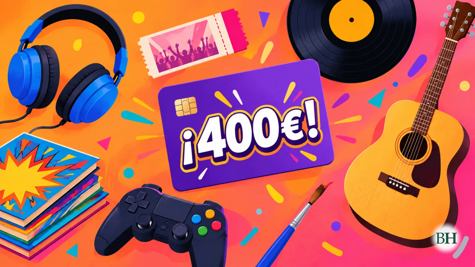 Ilustración xerada con intelixencia artificial. Tarxeta prepago morada co texto «¡400€!», rodeada de auriculares, unha entrada de concerto, un vinilo, unha guitarra, un mando de videoconsola, cómics e un pincel.