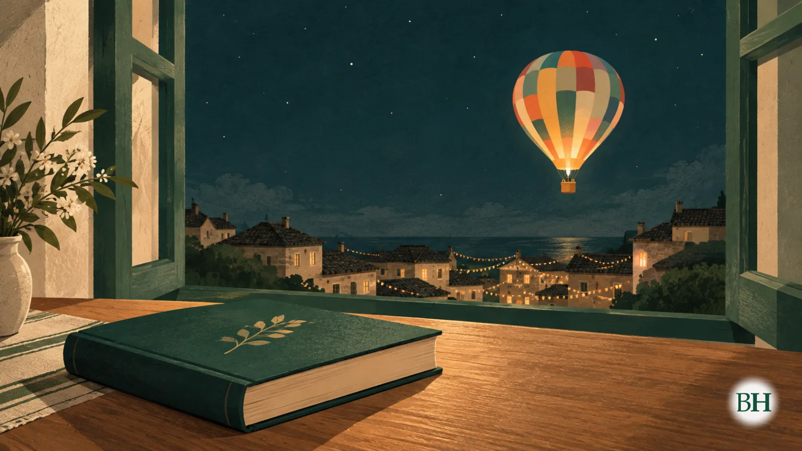 Ilustración xerada con intelixencia artificial. Ilustración editorial para unha noticia local sobre a presentación dunha novela ambientada nunha vila galega durante unha festa de verán. En primeiro plano, un libro de…