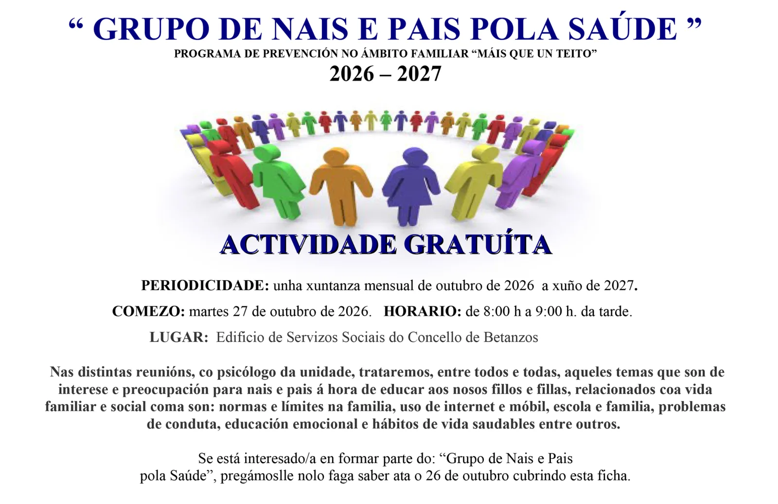 Cartel do Grupo de Nais e Pais pola Saúde 2026-2027, cun círculo de figuras de cores e os datos de periodicidade, comezo, horario e lugar.